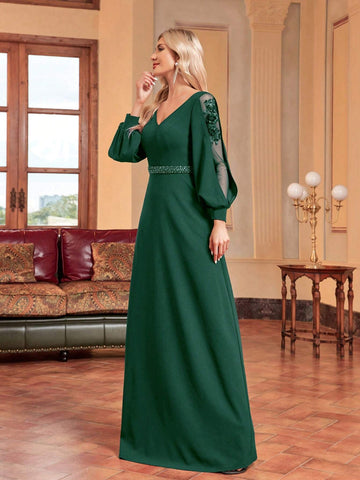 Women's V-Neck Mesh Panel Lantern Sleeve Evening Dress