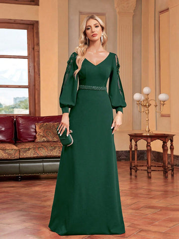 Women's V-Neck Mesh Panel Lantern Sleeve Evening Dress