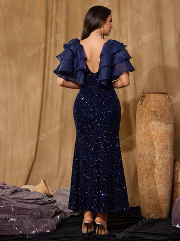 Women's V-Neck Ruffled Sequin Elegant Charming Split Maxi Ball Gown Dress (Embellished)