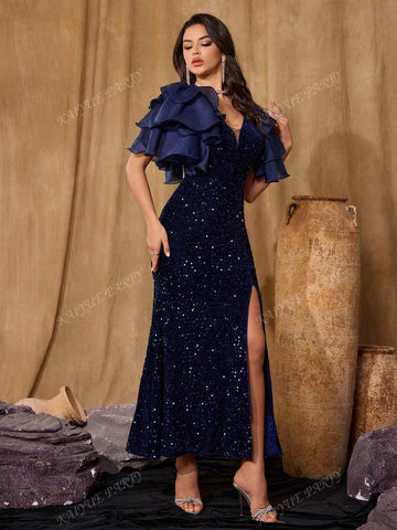 Women's V-Neck Ruffled Sequin Elegant Charming Split Maxi Ball Gown Dress (Embellished)