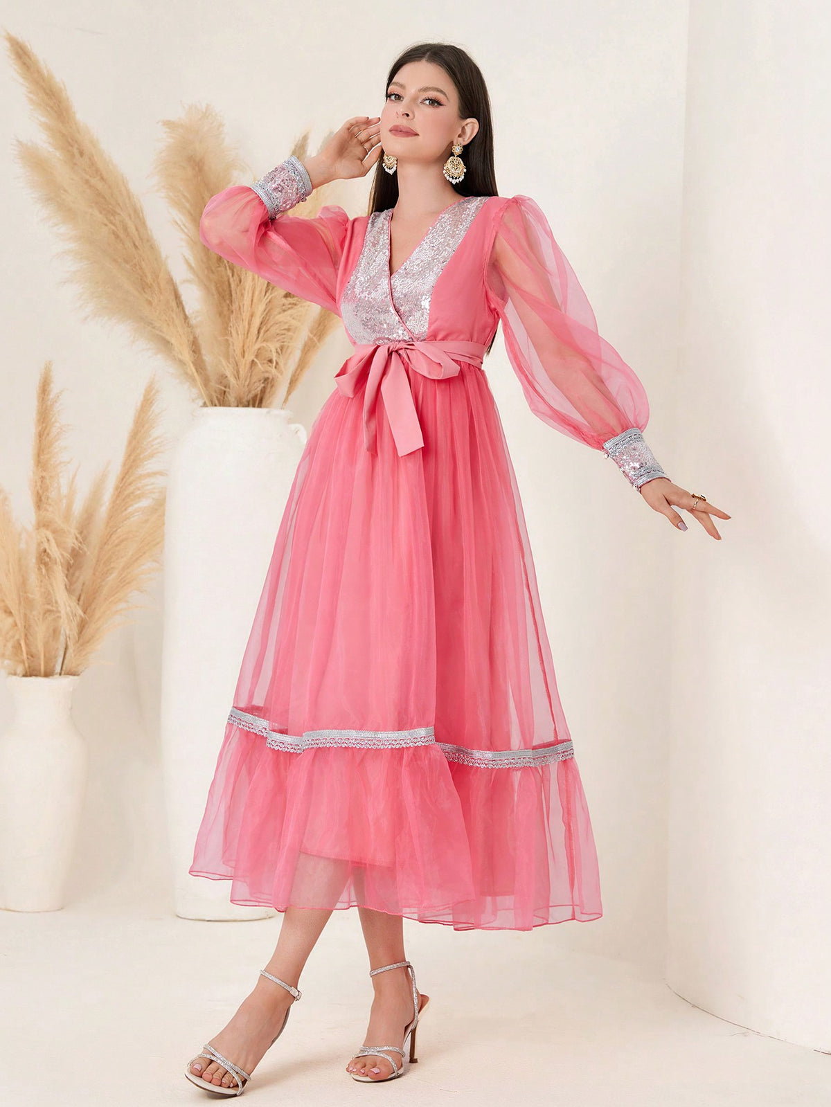 Women's V-Neck Shiny Sequin Stitching Sheer Ribbon Tie Dress