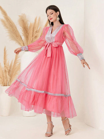 Women's V-Neck Shiny Sequin Stitching Sheer Ribbon Tie Dress