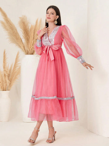 Women's V-Neck Shiny Sequin Stitching Sheer Ribbon Tie Dress