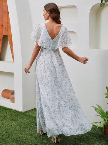 Women's V-Neck Short Sleeve Floral Print Chiffon Dress With Cinching Waist, Perfect For Prom, Evening Party, Bridesmaid