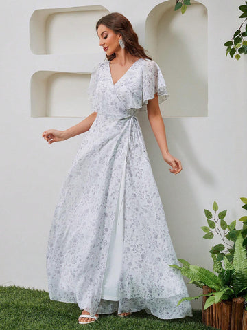 Women's V-Neck Short Sleeve Floral Print Chiffon Dress With Cinching Waist, Perfect For Prom, Evening Party, Bridesmaid