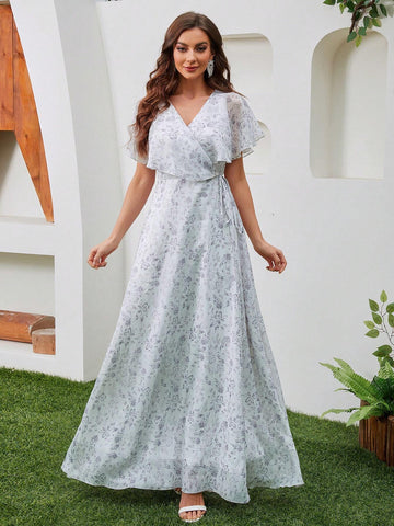 Women's V-Neck Short Sleeve Floral Print Chiffon Dress With Cinching Waist, Perfect For Prom, Evening Party, Bridesmaid