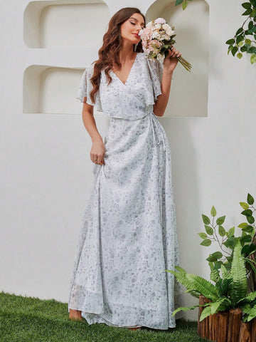 Women's V-Neck Short Sleeve Floral Print Chiffon Dress With Cinching Waist, Perfect For Prom, Evening Party, Bridesmaid