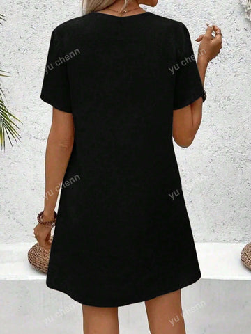 Women's V-Neck Short Sleeve Solid Color Casual Loose Comfortable Mini Dress