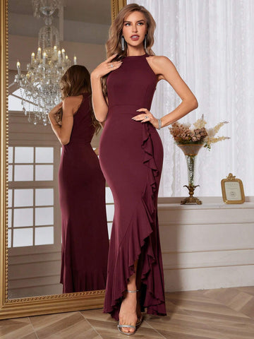 Women's V-Neck Sleeveless Dress With Front Slit And Frill Trimmed Details, Long Formal Evening Dress