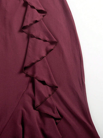 Women's V-Neck Sleeveless Dress With Front Slit And Frill Trimmed Details, Long Formal Evening Dress