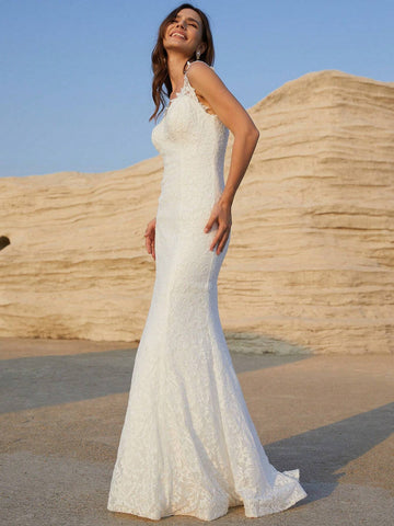 Women's V-Neck Sleeveless Lace Mermaid Wedding Dress With Fish Tail Hem