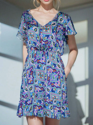 Women's V-Neck Smocked Waist Flutter Sleeve Dress