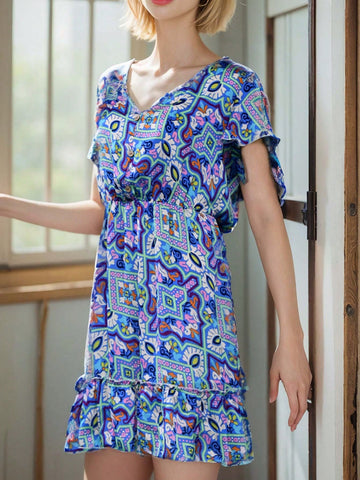 Women's V-Neck Smocked Waist Flutter Sleeve Dress