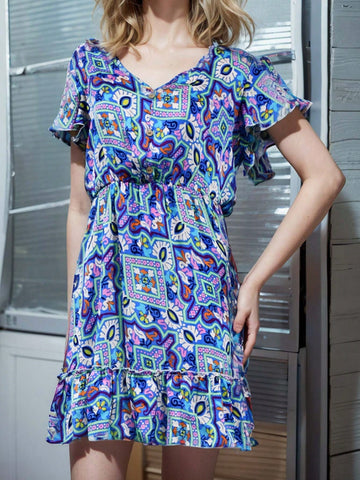 Women's V-Neck Smocked Waist Flutter Sleeve Dress