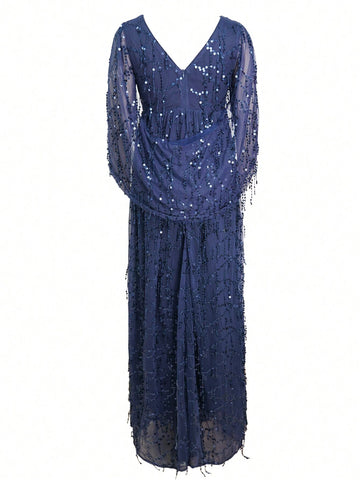 Women's V-Neck Sparkling Sequin Tassel Elegant Evening Party Dress
