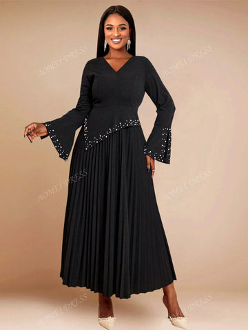 Women's V-Neck Studded Slit Flare Sleeve Pleated Casual Office Dress