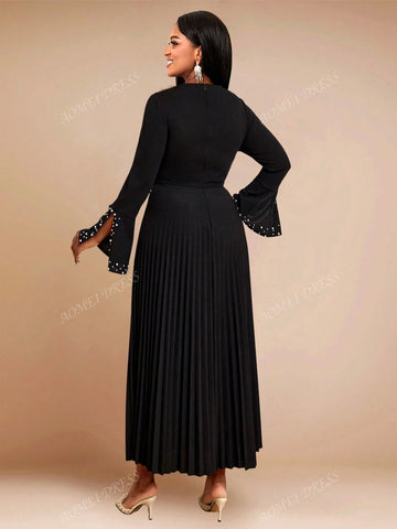 Women's V-Neck Studded Slit Flare Sleeve Pleated Casual Office Dress