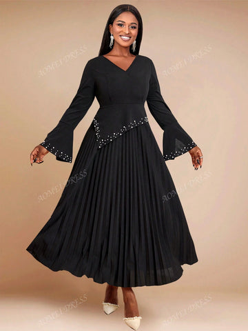 Women's V-Neck Studded Slit Flare Sleeve Pleated Casual Office Dress