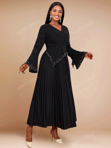 Women's V-Neck Studded Slit Flare Sleeve Pleated Casual Office Dress