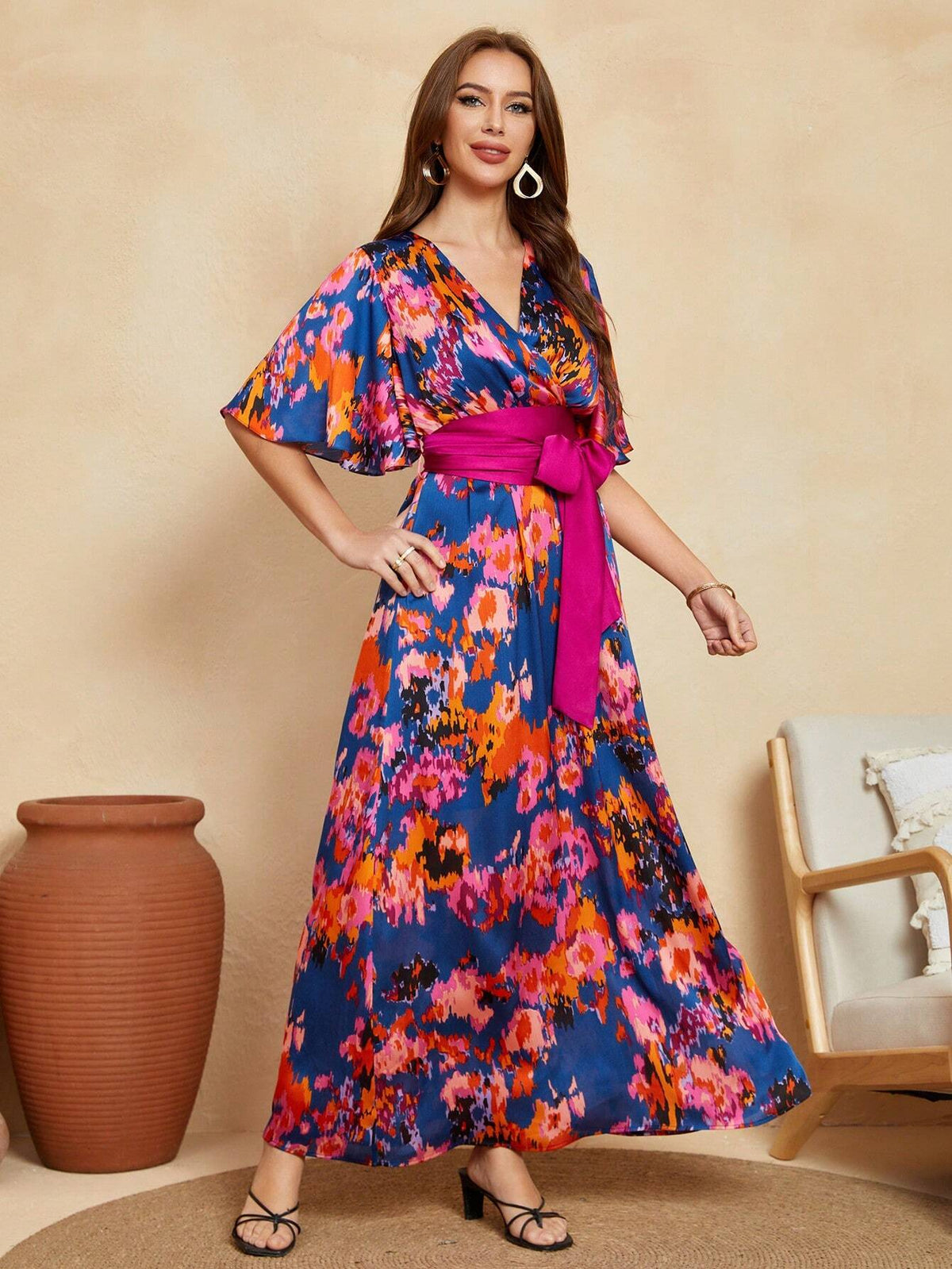 Women's V-Neck Tie-Dye Printed Bell Sleeve Long Maxi Bohemian Casual Dress With Belt For Summer Beach Vacation (Irregular Pattern)