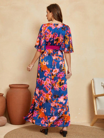 Women's V-Neck Tie-Dye Printed Bell Sleeve Long Maxi Bohemian Casual Dress With Belt For Summer Beach Vacation (Irregular Pattern)