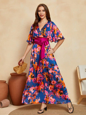 Women's V-Neck Tie-Dye Printed Bell Sleeve Long Maxi Bohemian Casual Dress With Belt For Summer Beach Vacation (Irregular Pattern)