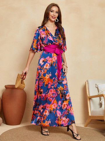 Women's V-Neck Tie-Dye Printed Bell Sleeve Long Maxi Bohemian Casual Dress With Belt For Summer Beach Vacation (Irregular Pattern)