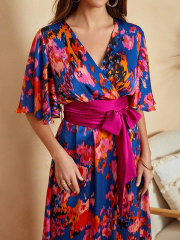 Women's V-Neck Tie-Dye Printed Bell Sleeve Long Maxi Bohemian Casual Dress With Belt For Summer Beach Vacation (Irregular Pattern)