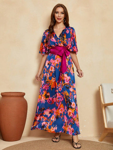 Women's V-Neck Tie-Dye Printed Bell Sleeve Long Maxi Bohemian Casual Dress With Belt For Summer Beach Vacation (Irregular Pattern)