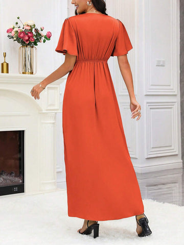 Women's V-Neck Twist Design Slit Up To Thigh Maxi Dress