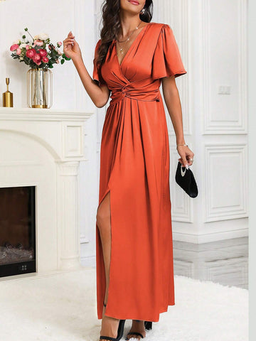 Women's V-Neck Twist Design Slit Up To Thigh Maxi Dress