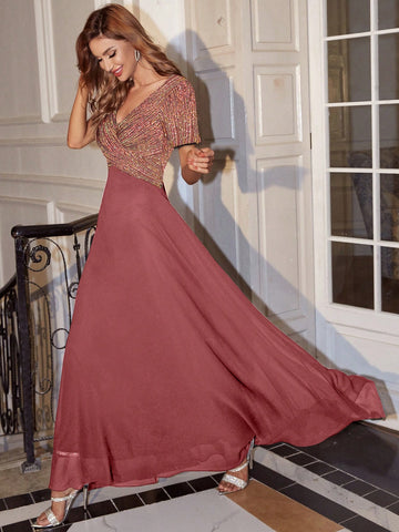 Women's V-neck Sparkly Sequin Evening Dress