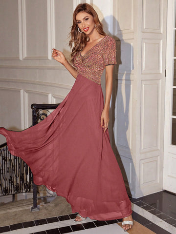 Women's V-neck Sparkly Sequin Evening Dress