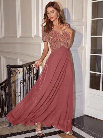Women's V-neck Sparkly Sequin Evening Dress