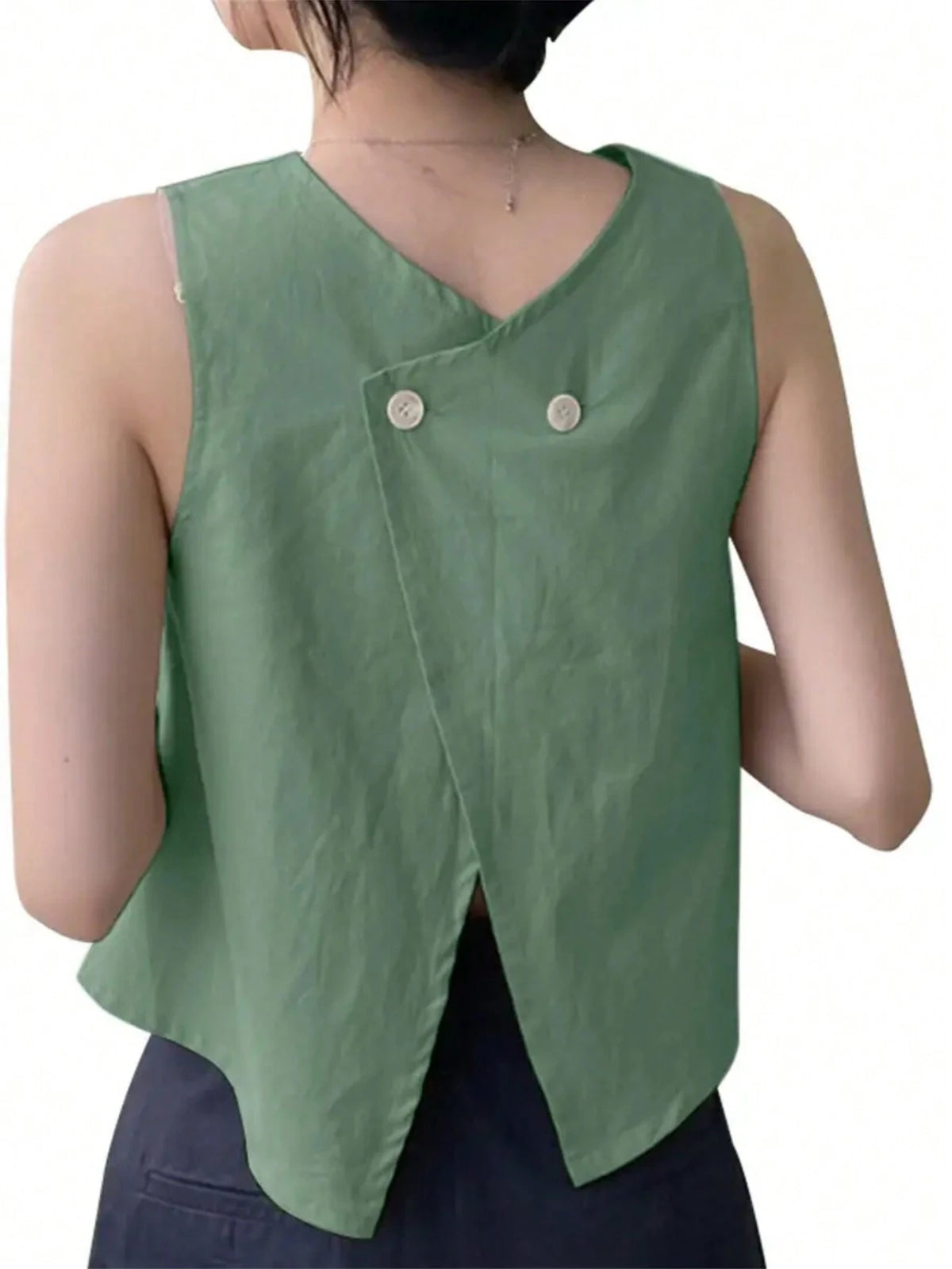 Women's Vacation Casual Solid Color Sleeveless Shirt With Back Button And Split Hem