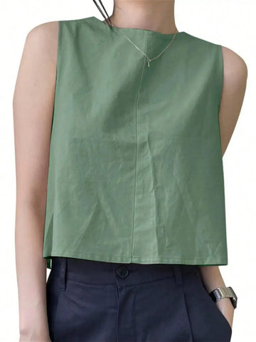 Women's Vacation Casual Solid Color Sleeveless Shirt With Back Button And Split Hem