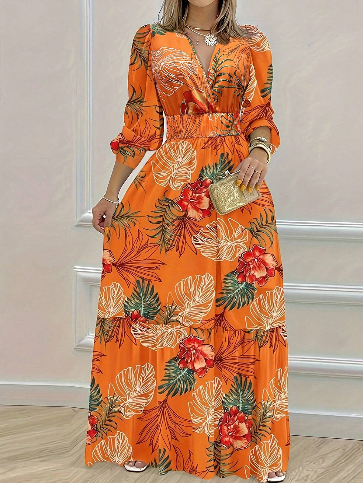 Women's Vacation Casual Tropical Print Lantern Sleeve Cinching Waist Long Dress
