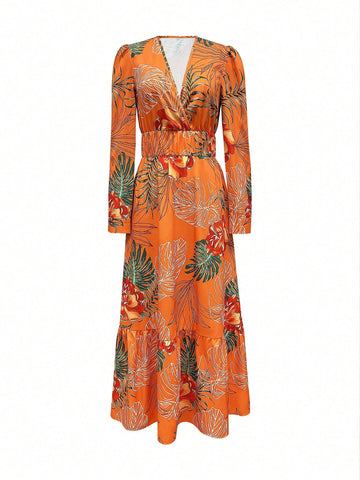 Women's Vacation Casual Tropical Print Lantern Sleeve Cinching Waist Long Dress