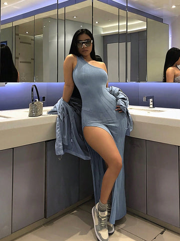 Women's Vacation Dress Sexy One Shoulder Sleeveless Long Slit Beach Dress