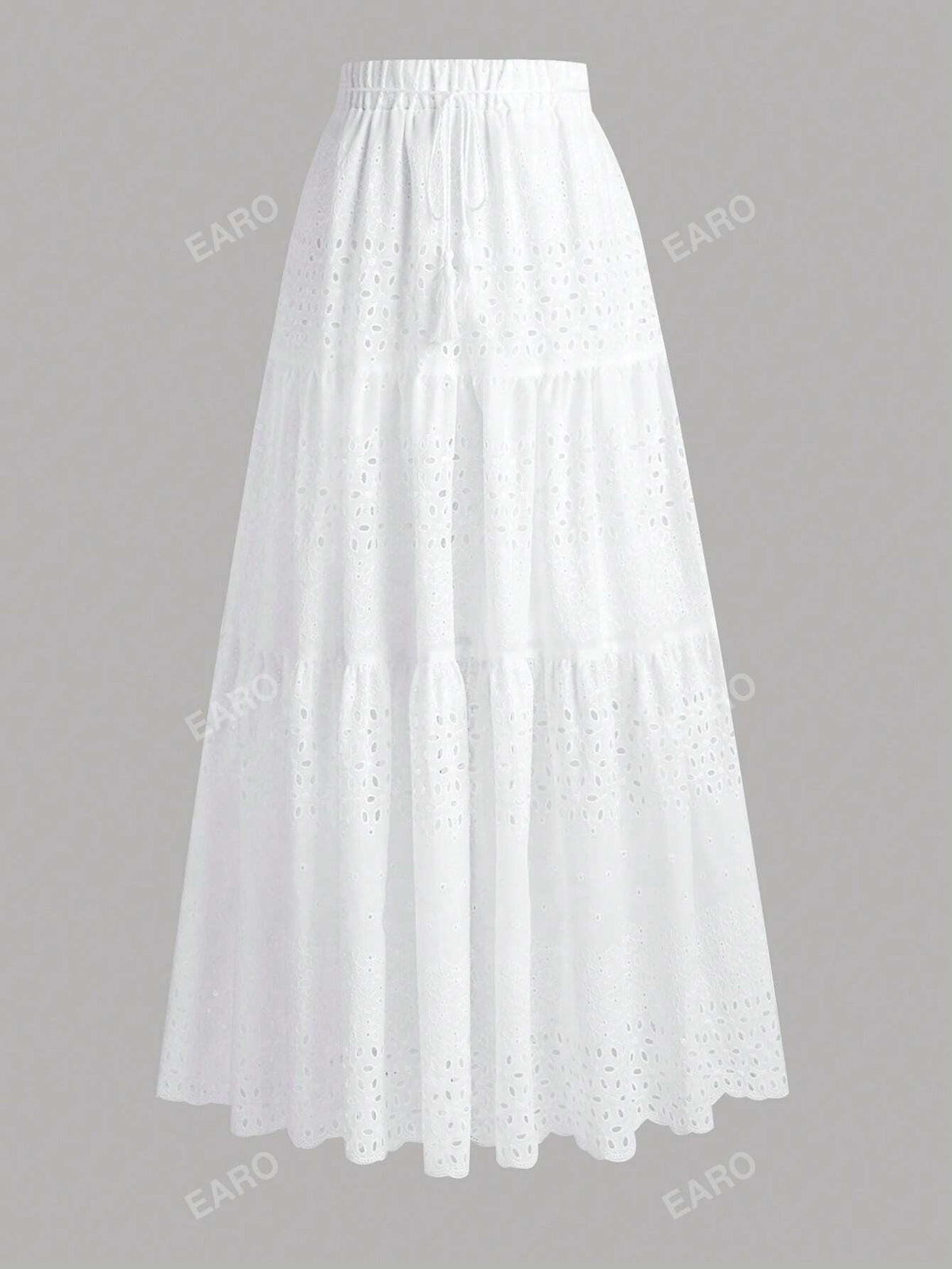 Women's Vacation Solid Color Waist Tie, Multi-Layer Ruffle Hem, Burning Flowers Embroidery, Long Skirt