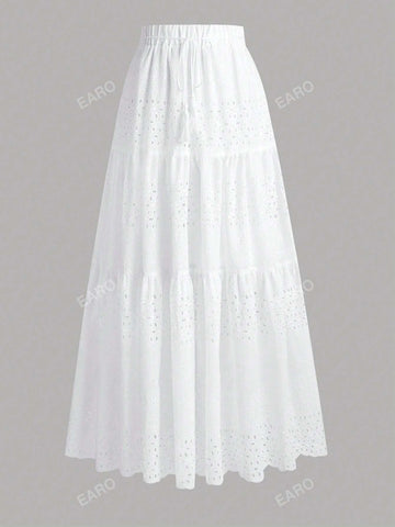 Women's Vacation Solid Color Waist Tie, Multi-Layer Ruffle Hem, Burning Flowers Embroidery, Long Skirt