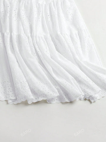 Women's Vacation Solid Color Waist Tie, Multi-Layer Ruffle Hem, Burning Flowers Embroidery, Long Skirt