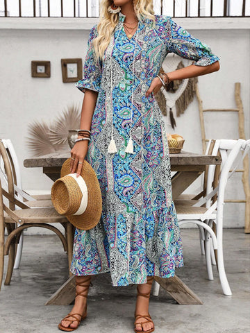 Women's Vacation Style Cashew Flower Print Asymmetrical Hem V-Neck Dress With Ruffle Trim