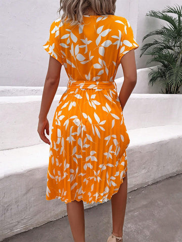 Women's Vacation Style Casual Leaf Print Batwing Sleeve Swing Pleated Dress