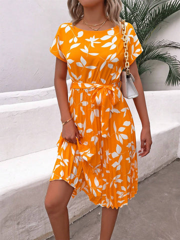 Women's Vacation Style Casual Leaf Print Batwing Sleeve Swing Pleated Dress