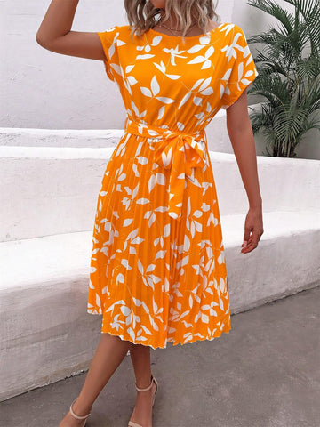Women's Vacation Style Casual Leaf Print Batwing Sleeve Swing Pleated Dress