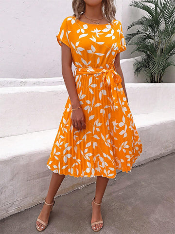 Women's Vacation Style Casual Leaf Print Batwing Sleeve Swing Pleated Dress