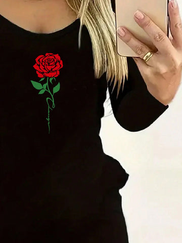 Women's Valentine's Day Rose Print Long Sleeve Simple Fashion Casual Daily Mini Dress