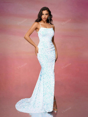 Women's Velvet Sequin Backless Slit Maxi Dress With Train