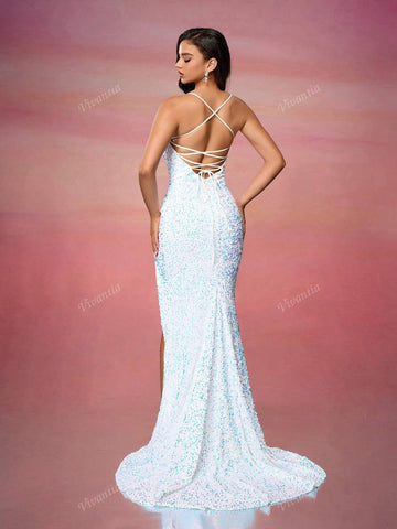 Women's Velvet Sequin Backless Slit Maxi Dress With Train